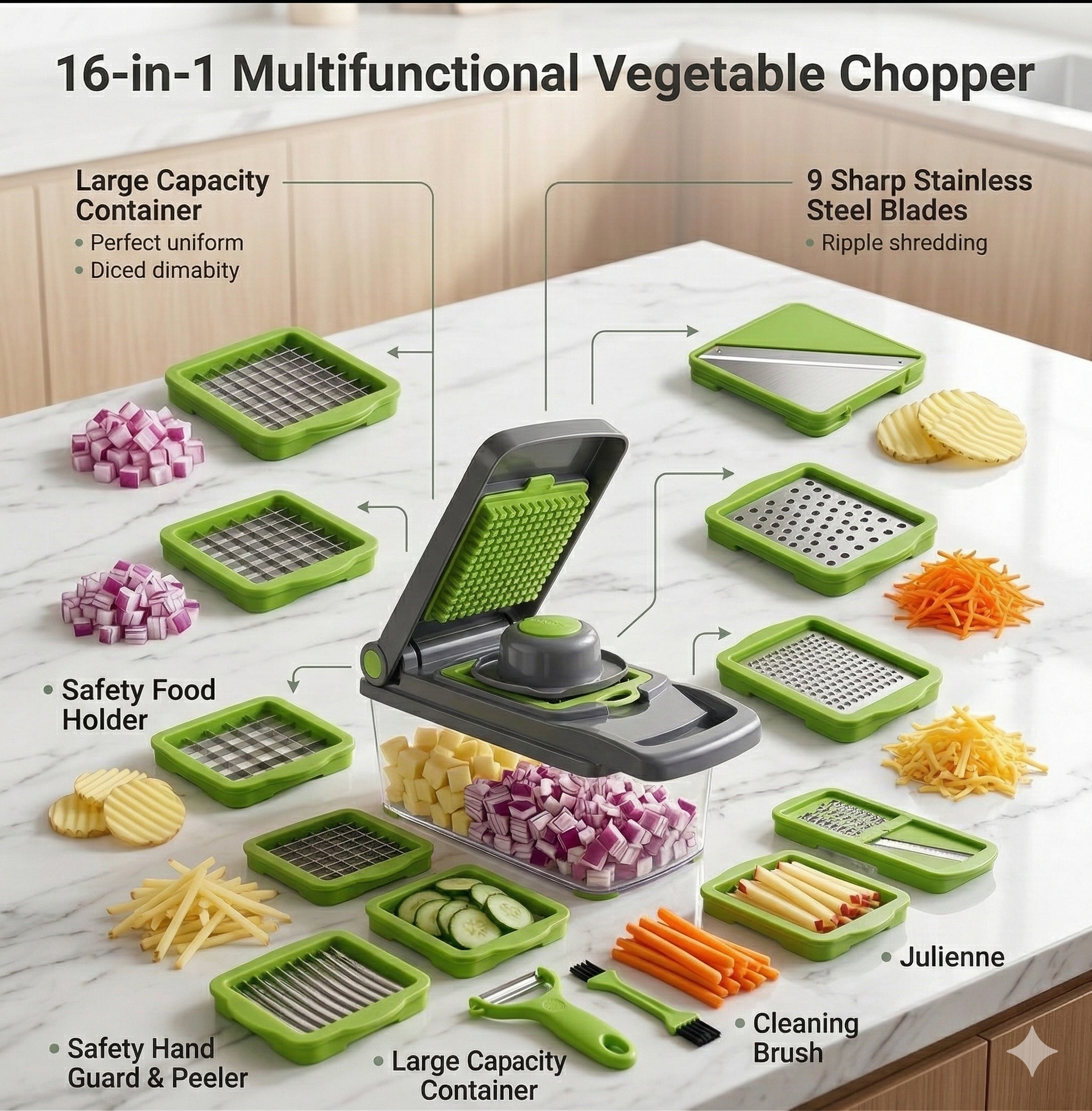 16-in-1 Multifunctional Vegetable Chopper & Slicer – with 8 Interchangeable Blades